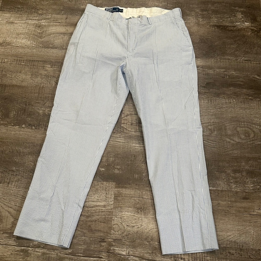 Polo Ralph Lauren Mens Blue White Seersucker Striped Cotton Pants 36/30 Preppy